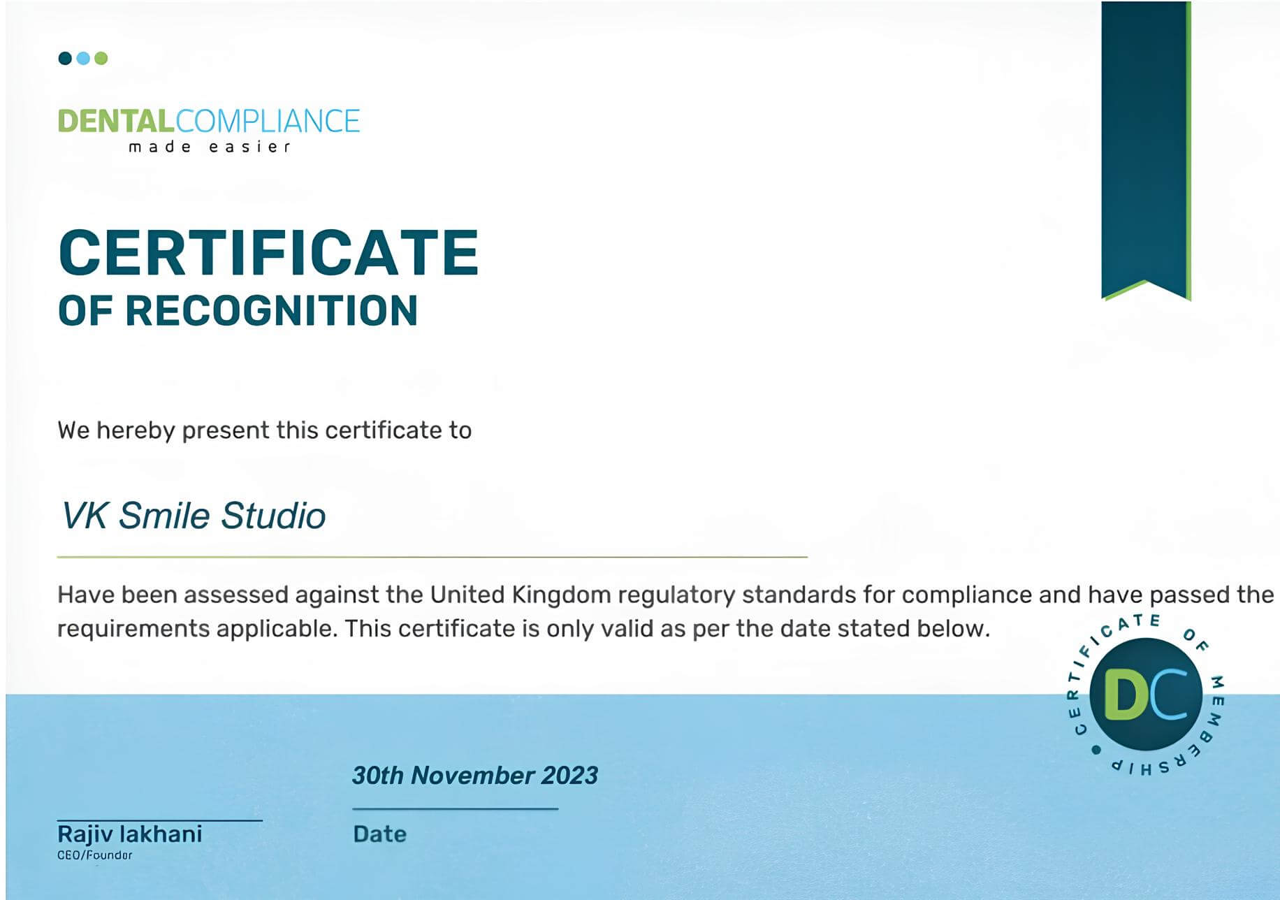 Dental compliance certificat